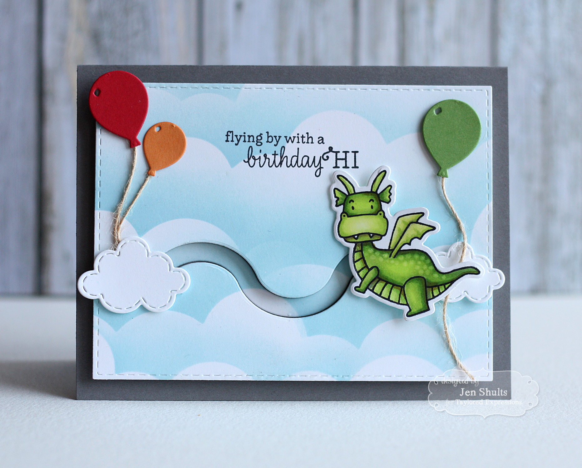 Flying By With a Birthday Hi by Jen Shults | Deconstructingjen.com Handmade Birthday Card, Stamps and dies from Taylored Expressions